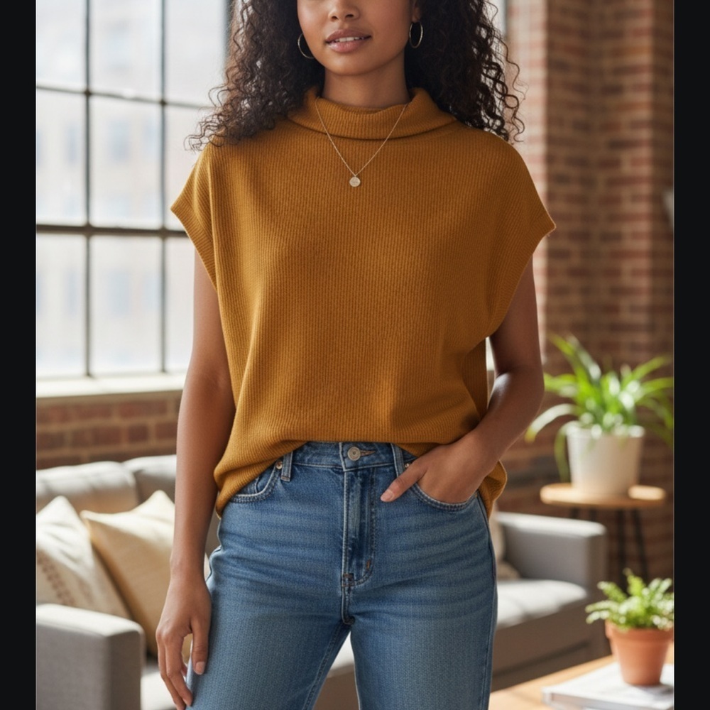 🌸2/$25 NWT Goldenrod Free People Wedge Top Baby Turtleneck Cap Sleeve Ribbed
